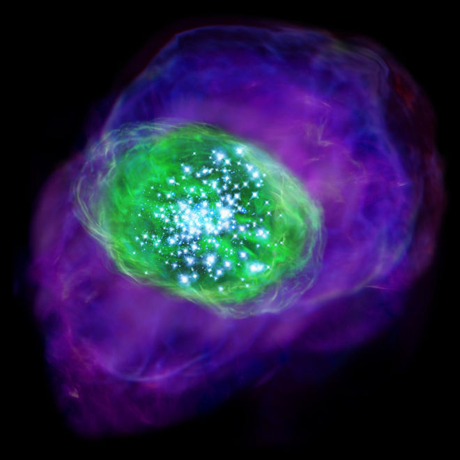  SXDF-NB1006-2، والتي تبعد 13.1 مليار سنة ضوئية عن الأرض والتي من المرجح أنها قد تكونت بعد “العصور المُظلمة”.يبلغ عمر الكون حوالي 13.8 مليار سنة.والتي من المرجح أنها قد تكونت بعد ”العصور المُظلمة“. يبلغ عمر الكون حوالي 13.8 مليار سنة. اللون الأخضر يشير إلى الأوكسجين في المجرة كما يُرى من خلال تيليسكوب ألما الراديويّ، في حين أن اللون الأرجواني يشير إلى الهيدروجين المُلتقط بواسطة تيليكسوب سابيرو.